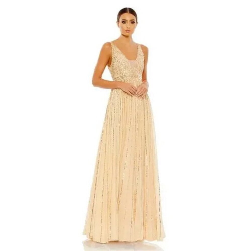 Mac Duggal Sunset Nude Sequin Plunge A-Line Evening Gown